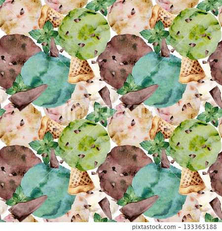 Pistachio gelato ice cream scoops topped with dark cocoa bits chips pieces, mint leaves. Isolated seamless pattern hand drawn in watercolor. Eco dessert branding, nut-and-chocolate themed designs. Pistachio gelato ice cream scoops topped with dark cocoa bits chips pieces, mint leaves. Isolated seamless pattern hand drawn in watercolor. Eco dessert branding, nut-and-chocolate themed designs. 133365188