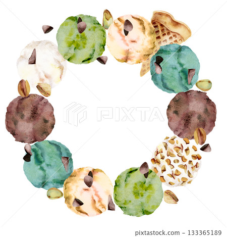 Pistachio gelato scoops with nut crumble garnish, chocolate chips, waffles. Isolated wreath frame illustration hand drawn in watercolor. Ice cream flavor sheet, natural dessert label, DIY food decor. Pistachio gelato scoops with nut crumble garnish, chocolate chips, waffles. Isolated wreath frame illustration hand drawn in watercolor. Ice cream flavor sheet, natural dessert label, DIY food decor. 133365189