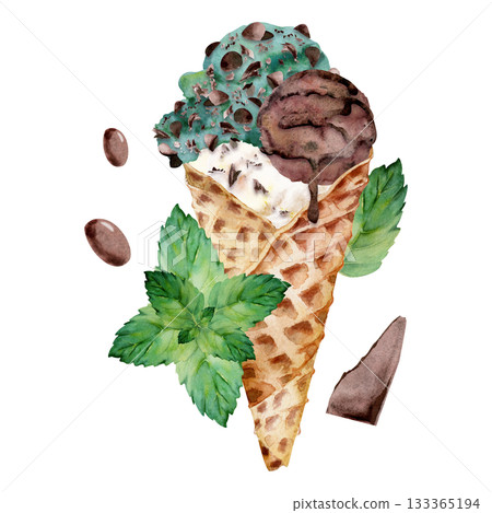 Crisp waffle cone topped with speckled mint and chocolate chips scoops, syrup drizzle. Isolated illustration hand drawn in watercolor. Artisan dessert menu, food journal decor, sweet table layout. 133365194