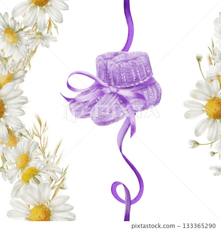 Symbol of World Prematurity Day-Purple knitted socks with ribbon,chamomile flowers symbolizing purity and childhood innocence.Watercolor seamless pattern for charity projects,social media 133365290
