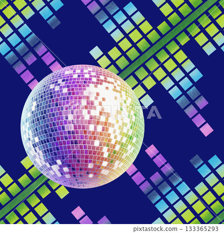 Retro disco ball and music equalizer in rainbow color in the style of 80s and 90s as a disco symbol.Watercolor illustration for flyers,posters,theme party cards 133365293