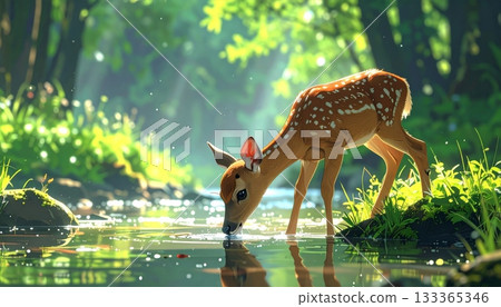 A baby spotted fallow deer mammal wildlife stands in the pond in nature surrounded by green grass 133365346