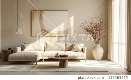 Contemporary living room interior design with comfortable sofa, floor lamp, and modern furniture Contemporary living room interior design with comfortable sofa, floor lamp, and modern furniture 133365355