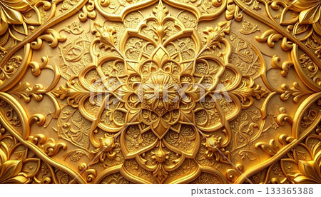 Antique gold metal texture background with oriental Thai temple carving pattern design 133365388