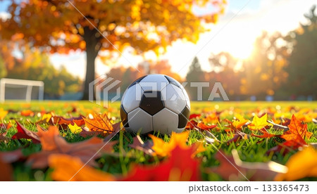 A black and white soccer ball rests on the green grass of a sports field, ready for a game A black and white soccer ball rests on the green grass of a sports field, ready for a game 133365473
