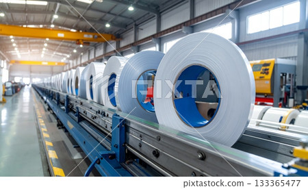 The empty steel industrial conveyor belt is inside a blue factory building, highlighting manufacturing equipment for business and transportation 133365477