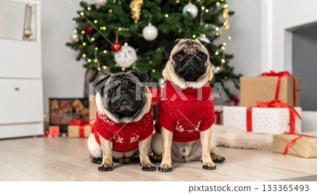 Little girl and boy with a cute pug puppy sitting by a Christmas tree, isolated on white background Little girl and boy with a cute pug puppy sitting by a Christmas tree, isolated on white background 133365493