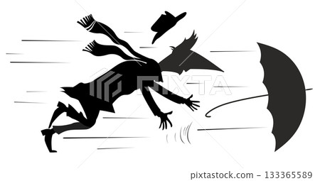 Rainy and windy day. Man. Umbrella. Man loses an umbrella and a hat on the strong wind. Black on white background illustration Rainy and windy day. Man. Umbrella. Man loses an umbrella and a hat on the strong wind. Black on white background illustration 133365589