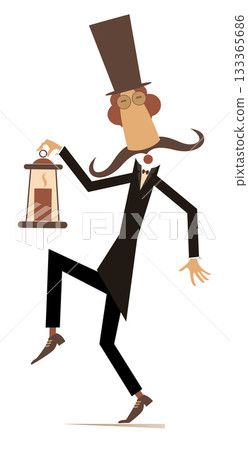 Cartoon man in the top hat holding an old lantern.  Cute long mustache man in the top hat holding a vintage lit lantern. White background 133365686
