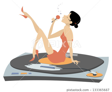 Singer woman sits on the long play record. Long play record. Romantic young woman with microphone sings a song with great inspiration 133365687