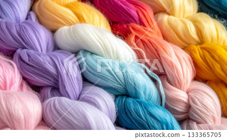 Colorful wool yarn balls close up textile craft knitting texture macro pattern 133365705