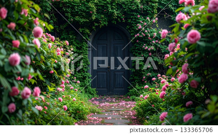 Old stone entrance to a rustic Italian village home with flowers and wood windows 133365706
