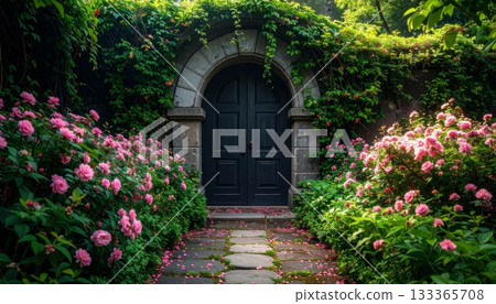 Old stone entrance to a rustic Italian village home with flowers and wood windows 133365708