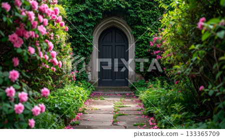 Old stone entrance to a rustic Italian village home with flowers and wood windows 133365709