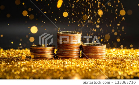 Golden coins with stars fall to the ground, representing a successful financial investment in wealth and market growth Golden coins with stars fall to the ground, representing a successful financial investment in wealth and market growth 133365730