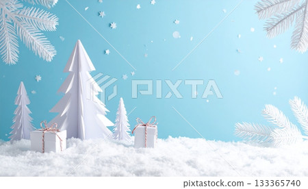 A blue Christmas card illustration featuring a snowy winter landscape, decorated tree, snowflakes, and holiday celebration scene A blue Christmas card illustration featuring a snowy winter landscape, decorated tree, snowflakes, and holiday celebration scene 133365740