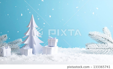 A blue Christmas card illustration featuring a snowy winter landscape, decorated tree, snowflakes, and holiday celebration scene A blue Christmas card illustration featuring a snowy winter landscape, decorated tree, snowflakes, and holiday celebration scene 133365741