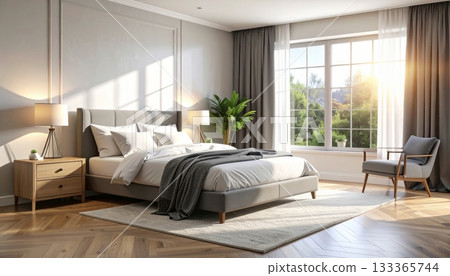 Luxury hotel bedroom interior with comfortable double bed, pillows, window, and modern furniture Luxury hotel bedroom interior with comfortable double bed, pillows, window, and modern furniture 133365744