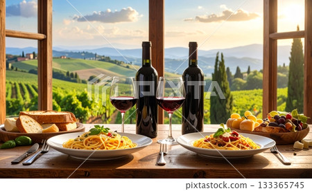 Gourmet wine and cheese appetizer dish on a table with glasses for a healthy dinner meal celebration Gourmet wine and cheese appetizer dish on a table with glasses for a healthy dinner meal celebration 133365745