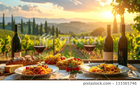 Gourmet wine and cheese appetizer dish on a table with glasses for a healthy dinner meal celebration Gourmet wine and cheese appetizer dish on a table with glasses for a healthy dinner meal celebration 133365746