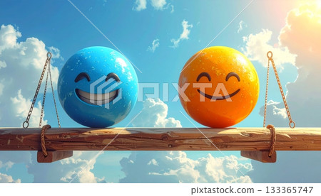 Funny colorful painted Easter eggs on wood are a happy holiday decoration Funny colorful painted Easter eggs on wood are a happy holiday decoration 133365747