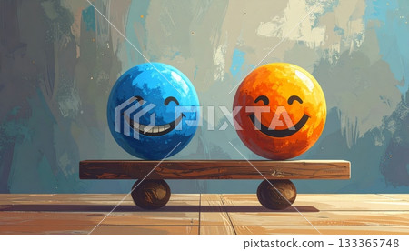 Funny colorful painted Easter eggs on wood are a happy holiday decoration Funny colorful painted Easter eggs on wood are a happy holiday decoration 133365748