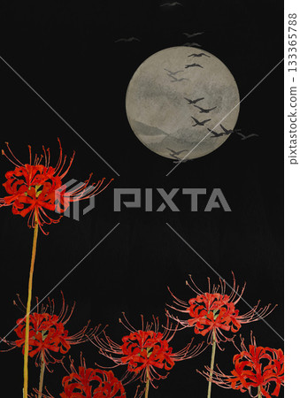 Watercolor painting of the moon and red spider lilies blooming in the night sky [hand-drawn] with copy space 133365788