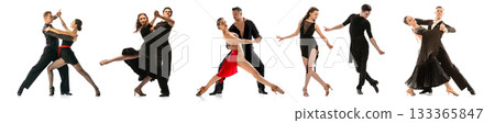 Elegant ballroom dance collage with couples performing classic poses on white background Elegant ballroom dance collage with couples performing classic poses on white background 133365847