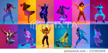 Dynamic breakdance collage featuring 10 diverse dancers in bold neon studio lighting 133365849