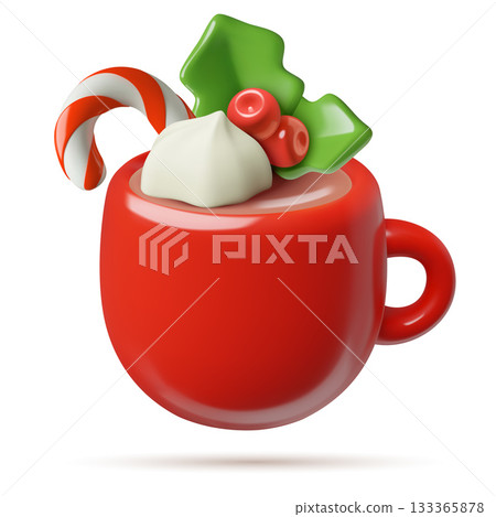 Cute festive 3d hot chocolate icon in a red cup with Christmas decorations 133365878