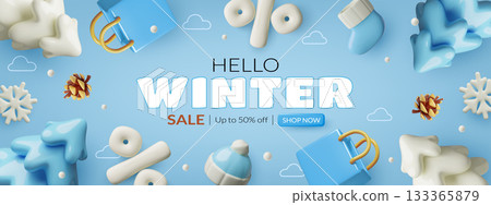 3d winter sale blue and white shopping background design with cute clay pine frees and snowflakes 3d winter sale blue and white shopping background design with cute clay pine frees and snowflakes 133365879