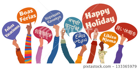 Global Seasonal Holiday Greetings with Diverse Hands Holding Multilingual Speech Bubbles Global Seasonal Holiday Greetings with Diverse Hands Holding Multilingual Speech Bubbles 133365979