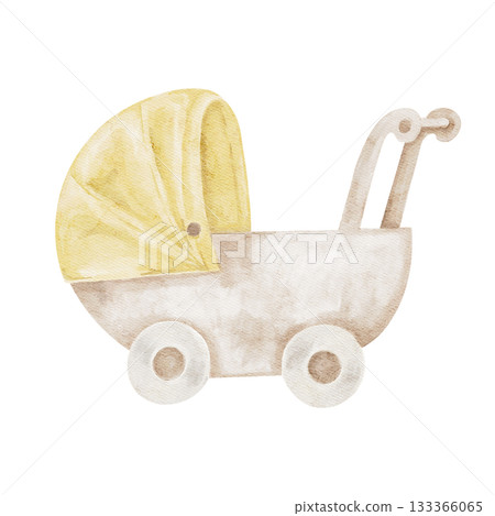 Yellow-canopy baby stroller rendered as hand drawn watercolor illustration perfect for maternity-themed stationery, baby shower invitations, nursery posters and for newborn-related products 133366065