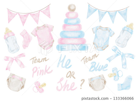 Pink and blue party items, bunting, cake and baby clothing created as hand drawn watercolor clipart ideal for gender reveal invites, themed designs, printable banners and celebration stationery. 133366066