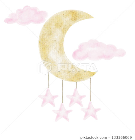 Gold crescent moon with pink clouds and dangling stars in hand drawn watercolor clipart designed for baby girl shower invitations, nursery prints, greeting cards and gender reveal decorative design Gold crescent moon with pink clouds and dangling stars in hand drawn watercolor clipart designed for baby girl shower invitations, nursery prints, greeting cards and gender reveal decorative design 133366069