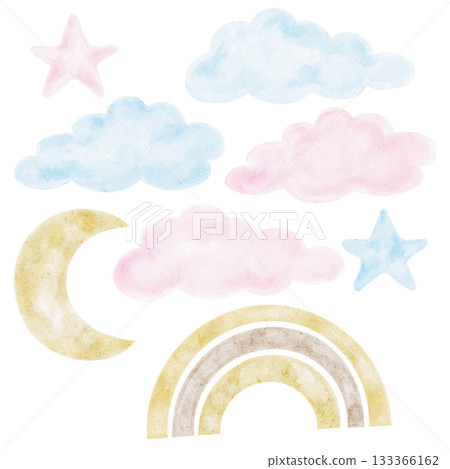 Pastel clouds, stars, moon, and rainbow shown in soft watercolor tones create a celestial hand-drawn clipart. Ideal for baby shower invitations, nursery prints, scrapbooking Pastel clouds, stars, moon, and rainbow shown in soft watercolor tones create a celestial hand-drawn clipart. Ideal for baby shower invitations, nursery prints, scrapbooking 133366162