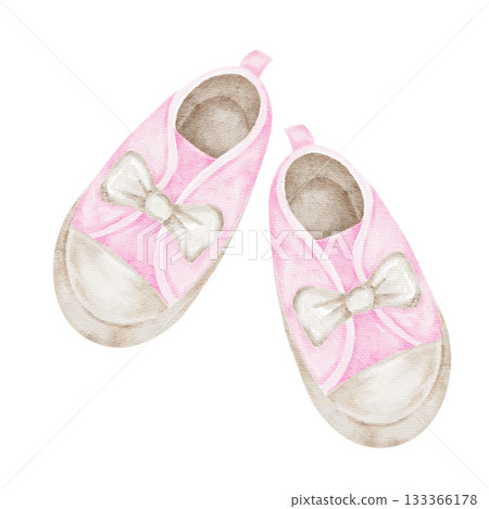 Pink baby girl shoes with gentle shading are shown in a soft watercolor clipart style. This hand-drawn element suits baby shower stationery, gender reveal invitations, nursery wall art Pink baby girl shoes with gentle shading are shown in a soft watercolor clipart style. This hand-drawn element suits baby shower stationery, gender reveal invitations, nursery wall art 133366178
