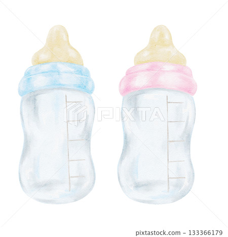 Blue and pink baby bottles in soft pastel tones create a charming watercolor clipart illustration. Hand-drawn clipart for baby shower prints, invitation designs, tags, and nursery decor. Blue and pink baby bottles in soft pastel tones create a charming watercolor clipart illustration. Hand-drawn clipart for baby shower prints, invitation designs, tags, and nursery decor. 133366179