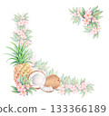 Tropical corner frame illustration with plumeria, coconut and pineapple isolated on white 133366189