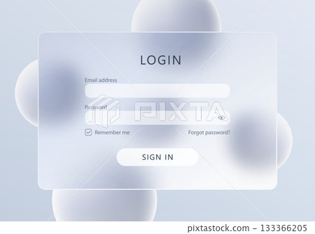 Elegant login form with soft glassmorphism effect and smooth background spheres, modern UI design layout 133366205