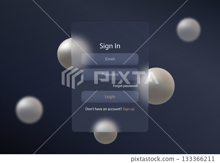 Stylized dark login interface with frosted glass effect and glossy spheres in pearlescent colors, modern user interface design. Stylized dark login interface with frosted glass effect and glossy spheres in pearlescent colors, modern user interface design. 133366211