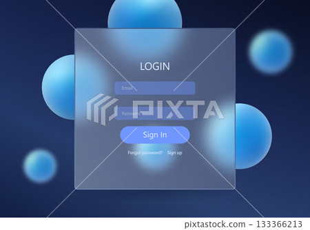 Modern login interface with blue gradient spheres and frosted glass panel on dark background. Modern login interface with blue gradient spheres and frosted glass panel on dark background. 133366213