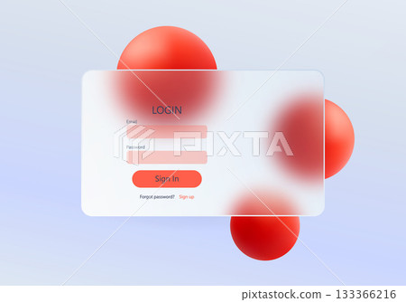 Modern vector login page with red glassmorphism panel and soft 3D spheres on light background. Clean UI for websites and apps. Modern vector login page with red glassmorphism panel and soft 3D spheres on light background. Clean UI for websites and apps. 133366216