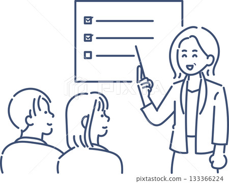 Illustration of a woman in her 40s instructing her subordinates (line drawing only) Illustration of a woman in her 40s instructing her subordinates (line drawing only) 133366224