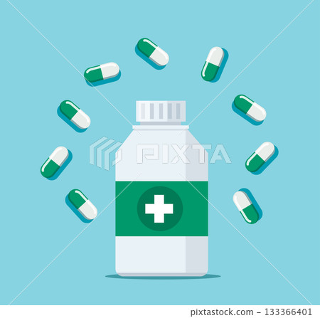 Medical Pill Bottle and Capsules vector Illustration 133366401