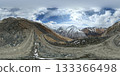 Panoramic view of rugged mountain landscape with dramatic sky and terrain 133366498