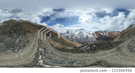 Panoramic view of rugged mountain landscape with dramatic sky and terrain Panoramic view of rugged mountain landscape with dramatic sky and terrain 133366498