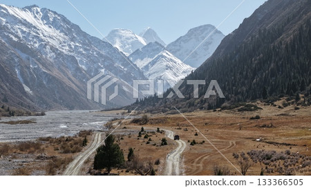 Majestic mountain landscape with winding river and snow-capped peaks Majestic mountain landscape with winding river and snow-capped peaks 133366505