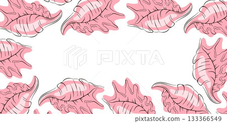 Pink seashell border frame with conch shell on a white background in flat style with copy space. Pink seashell border frame with conch shell on a white background in flat style with copy space. 133366549