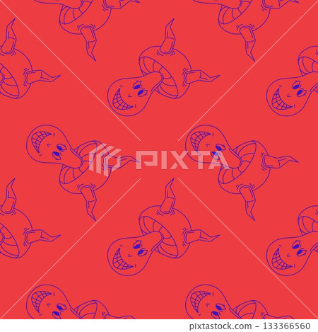 Seamless pattern of funny groovy style mushroom with horns on a red background. Devil character design for fabric and wallpaper. 133366560